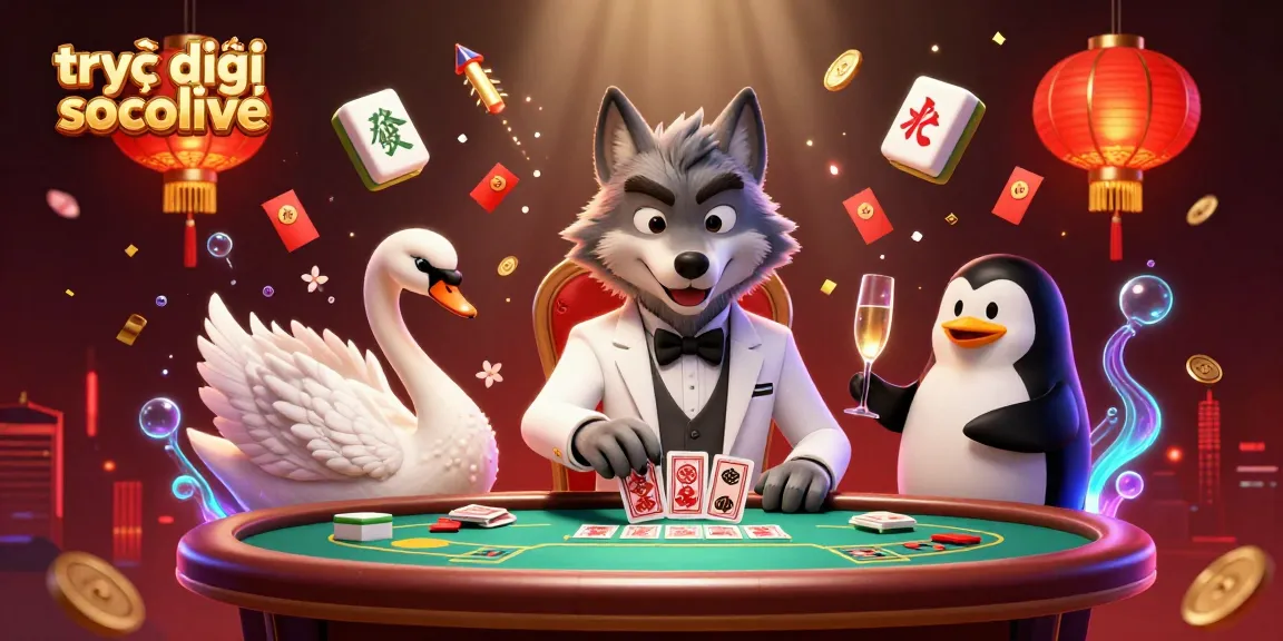 Experience trực tiếp socolive with a vibrant casino scene featuring a debonair wolf, elegant swan, and sophisticated penguin.