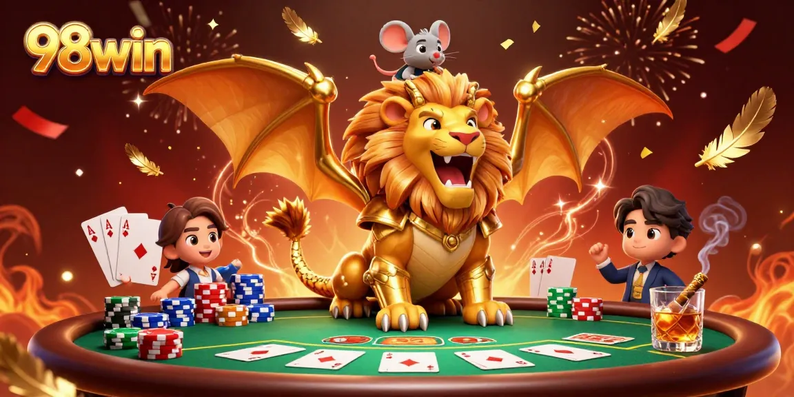 Engage in exciting poker action with 98win as the chimera creature roars triumphantly.