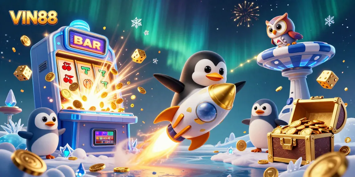 Experience the excitement of VIN88 with a dynamic 3D gaming illustration showcasing casino elements.