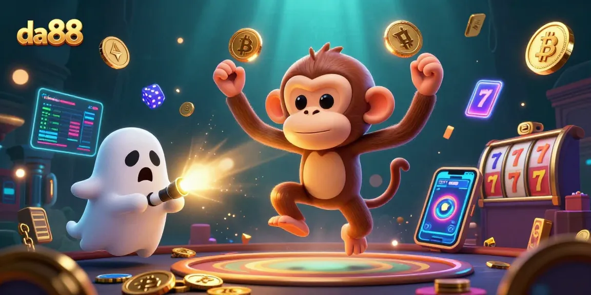 Win big with da88's animated ghostly gameplay featuring mischievous monkey and ghost-hunter puppy.
