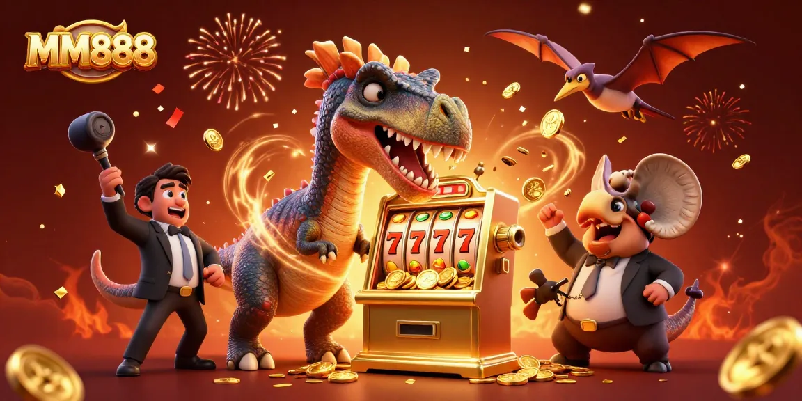 MM888 slot machine pays out jackpot coins with a dinosaur scene in vibrant detail.