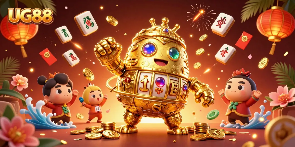 Experience the thrilling world of UG88 with a dynamic golden golem amidst vibrant casino elements.