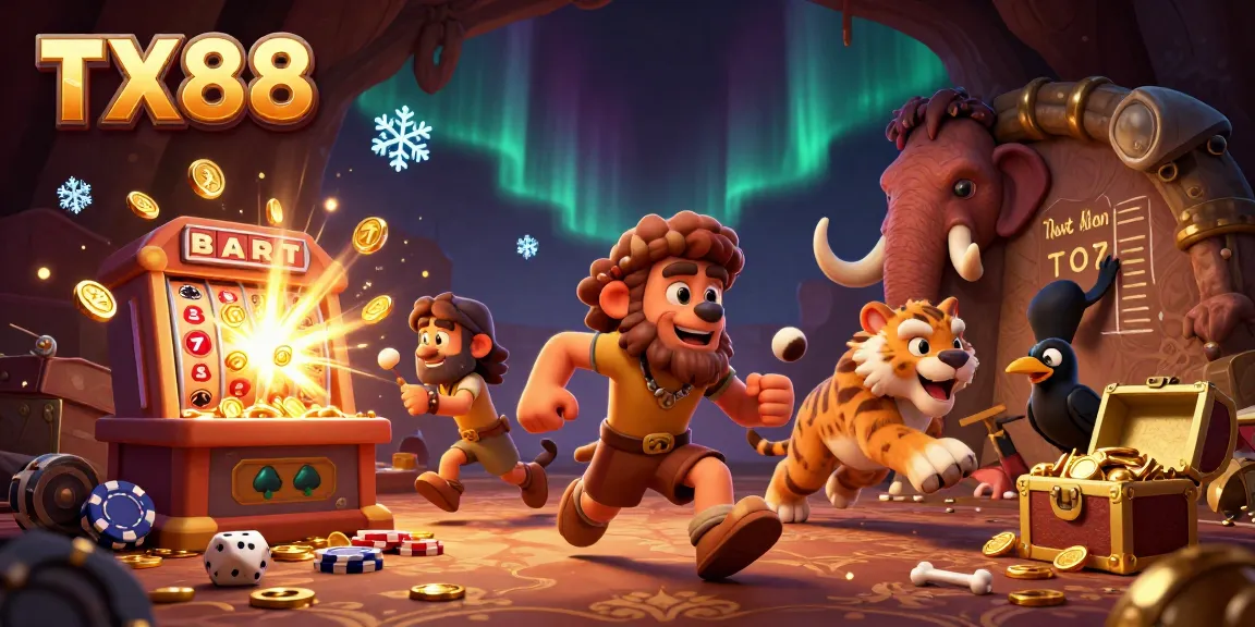 Experience TX88's thrilling prehistoric casino atmosphere with vibrant characters, dynamic elements, and captivating visual detail.