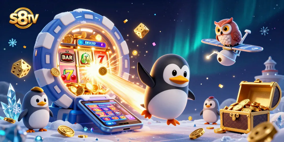 S8TV delivers thrilling sports betting with a golden penguin soaring to a jackpot burst of coins.