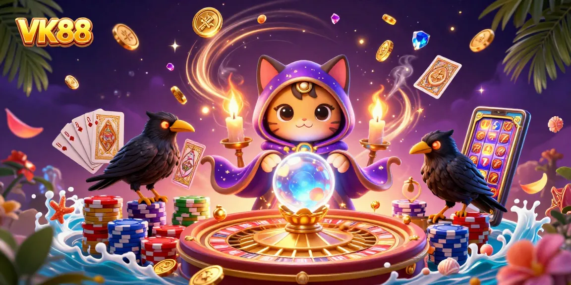 Experience VK88's captivating casino magic with a mystic cat, tarot raven, and glowing game elements.