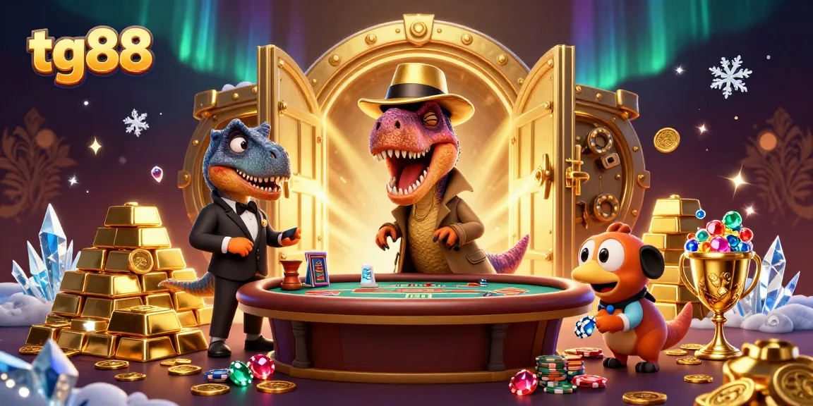 tg88 offers thrilling blackjack action with a velociraptor card counter in a vibrant casino scene.
