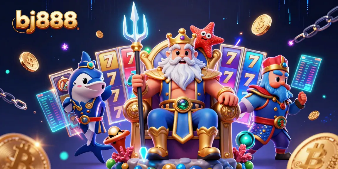 Experience the excitement of bj888 with a vibrant 3D casino scene featuring Neptune and glowing crypto elements.