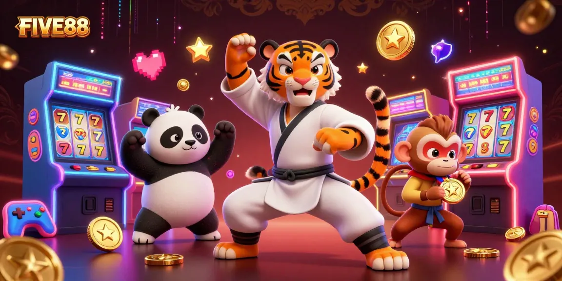 FIVE88 showcases a kung fu tiger master with a panda and monkey amidst vibrant casino-themed elements.