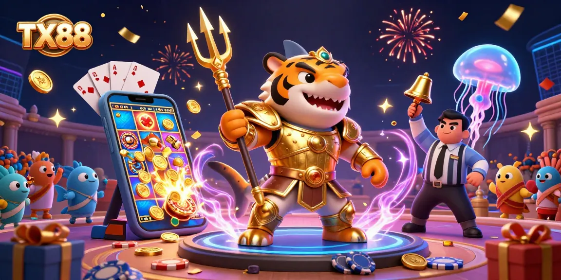 TX88 players immerse in vibrant slots action in a dynamic aquatic casino scene.