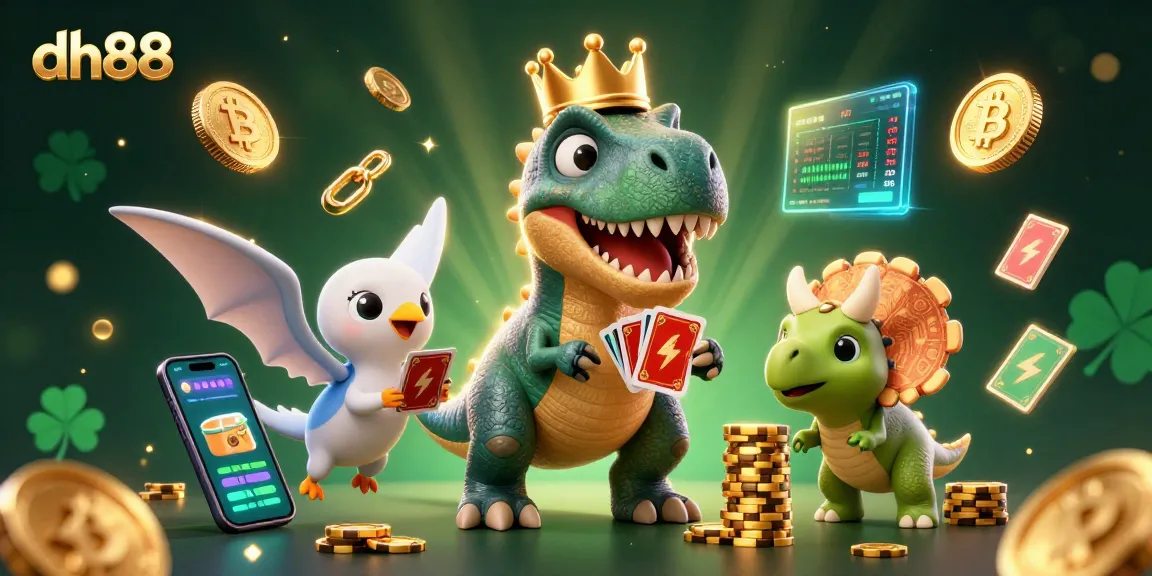 Experience thrilling gameplay at dh88 with T-Rex shuffling cards and a baby triceratops stacking chips.