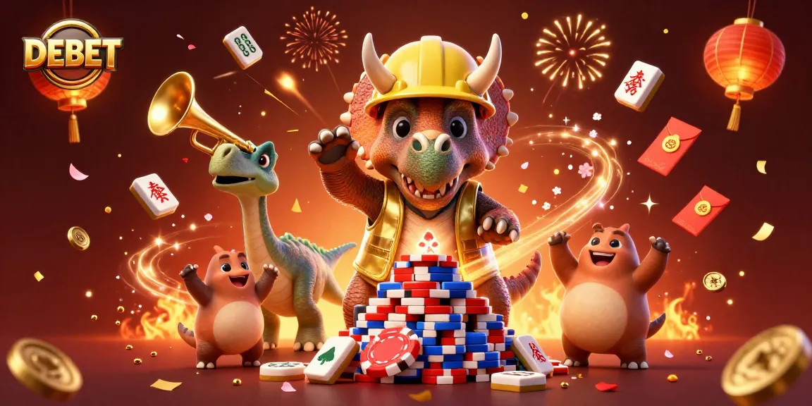 DEBET platform features a colorful 3D celebration with joyful characters and engaging casino elements.