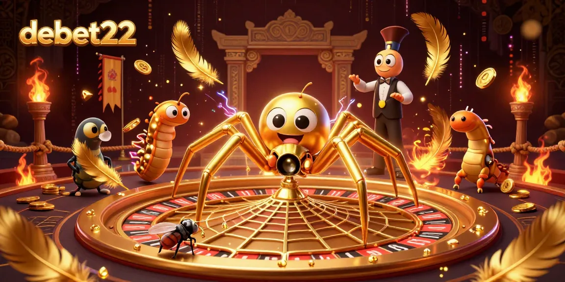 Engage with debet22's thrilling atmosphere, where a fly bets nervously at a roulette wheel web spun by a golden spider.