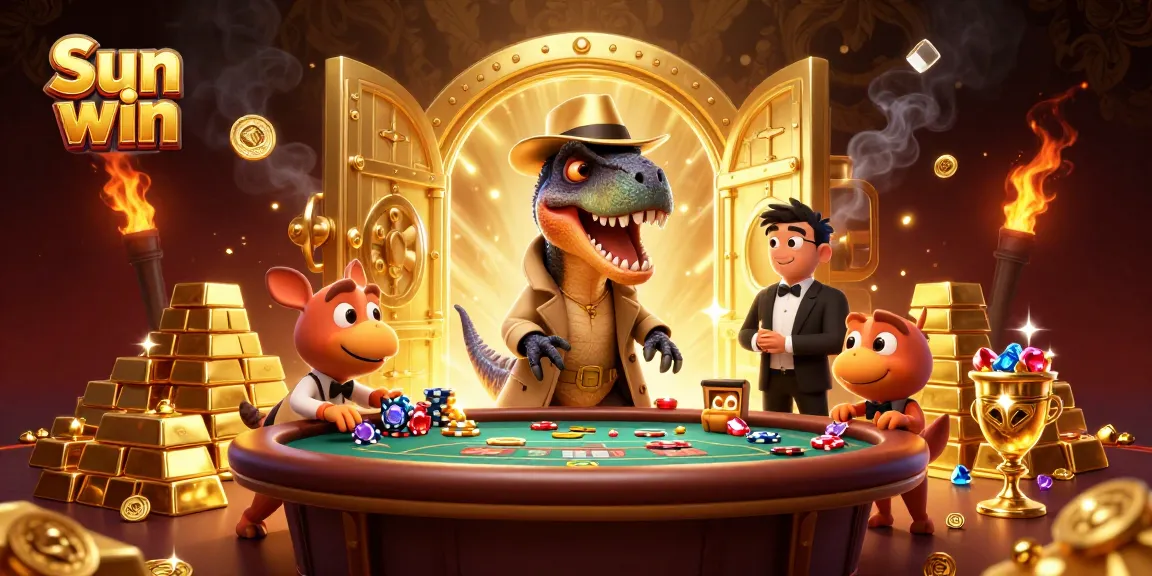 Experience the thrill of Sun win in this 3D illustration with a velociraptor, stegosaurus, and compy hustling at a blackjack table.