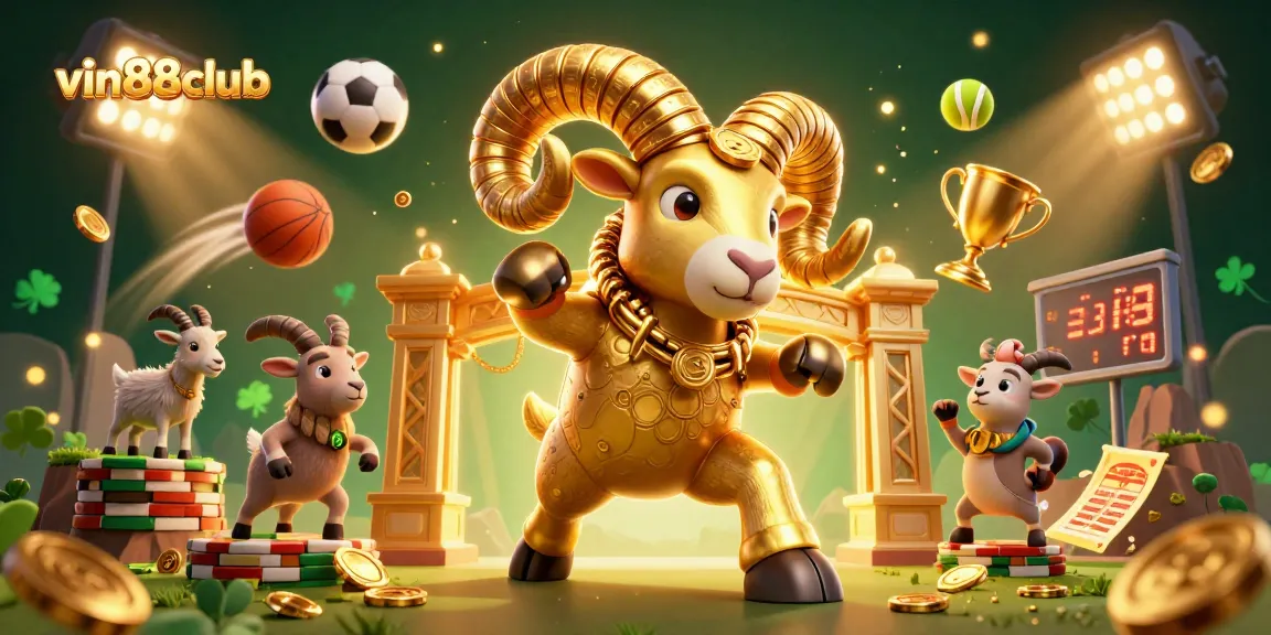 Experience thrilling action at vin88club with a dynamic casino sports illustration showcasing a golden ram and sports elements