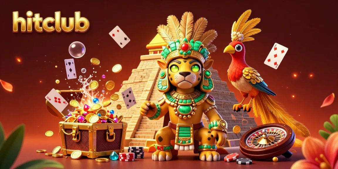 Experience the exciting action at hitclub with golden treasure, vibrant cards, and a thrilling roulette wheel.
