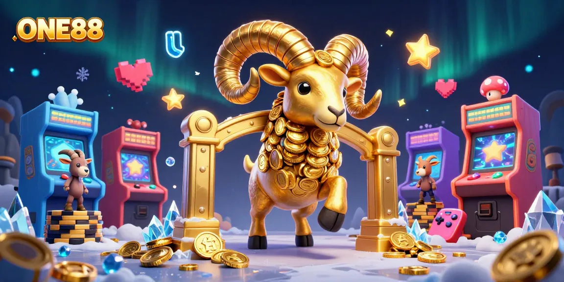 Engage in thrilling gameplay with ONE88, featuring a massive golden ram amidst vibrant casino elements and arcade games.