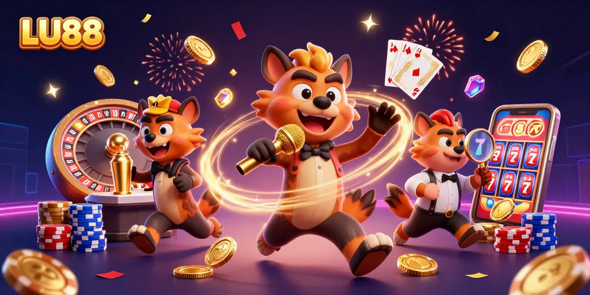 LU88 showcases a vibrant casino scene with hyenas, sparkling gems, and a roulette wheel in action.