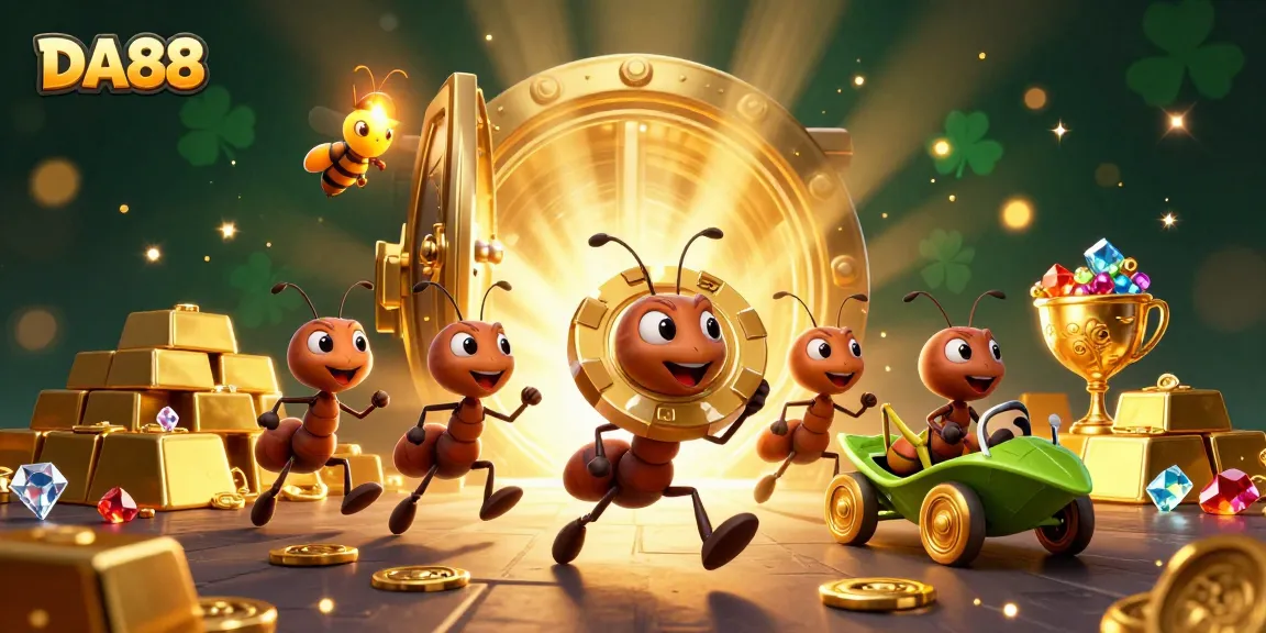 DA88 ants carry large poker chip through tunnel, surrounded by treasures and casino elements.