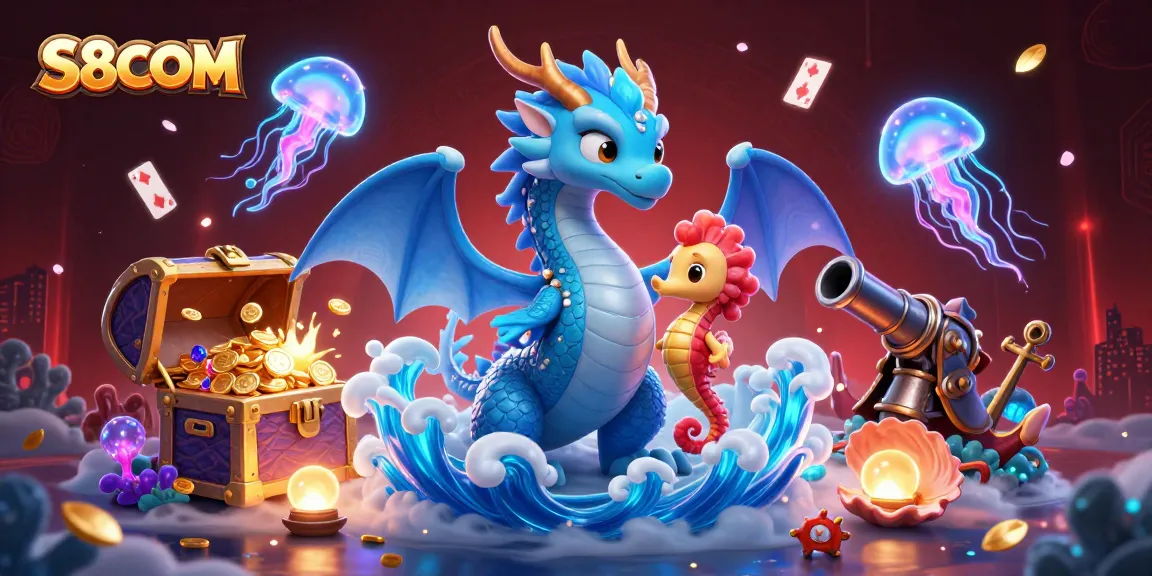 S8COM immerses players in a vibrant underwater casino scene with a mystical dragon and treasure.