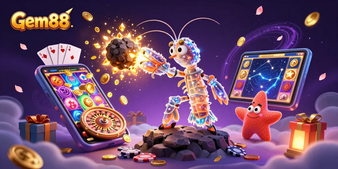 Experience Gem88 thrills with a dynamic gaming scene featuring exploding gems and coins.