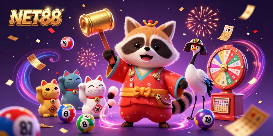 Win big at NET88 with this vibrant 3D illustration showcasing cheerful tanuki and fortune cats amid lottery excitement.
