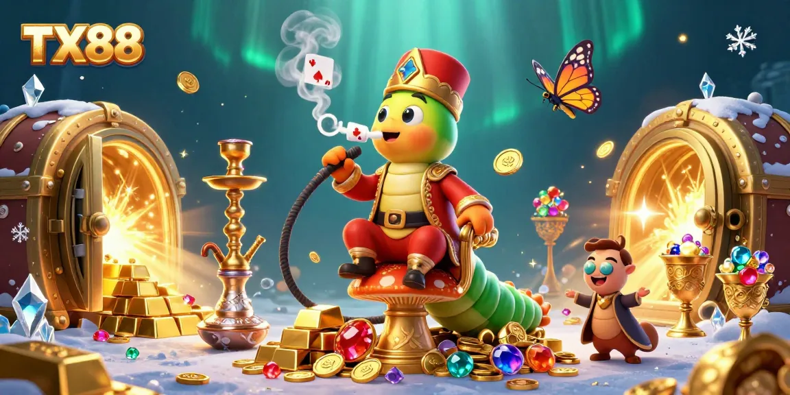 Engage with TX88's dynamic casino adventures featuring a whimsical caterpillar and vibrant treasures.