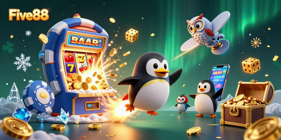 Experience the excitement of Five88 with a dynamic casino-themed illustration featuring a golden penguin, jackpot slot, and vibrant game symbols.