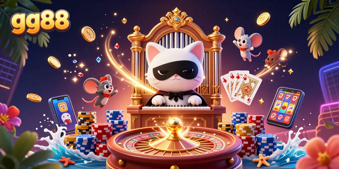 Win big with gg88 as a whimsical white cat plays the organ in a vibrant casino scene.