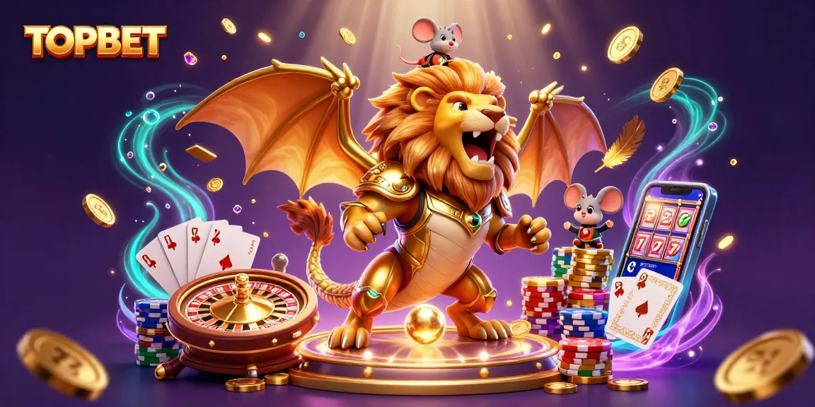 TOPBET soaring to victory with a golden chimera and a brave jockey amid cascading coins and vibrant gaming icons.