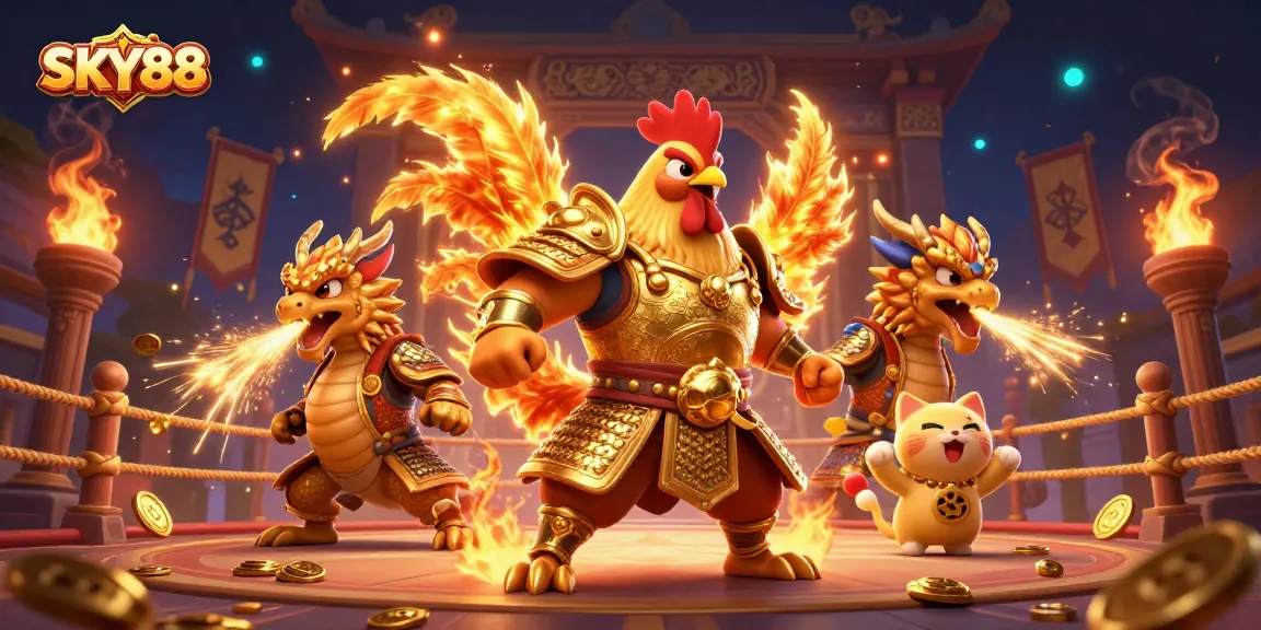Experience thrilling battles in SKY88 with a fierce rooster warrior, dragon hatchling, and fortune cat mascot.