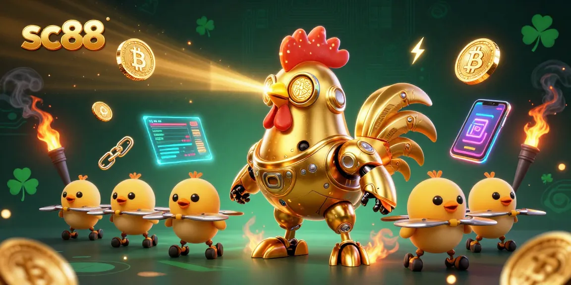 Engage with the exciting sc88 online casino world, featuring a golden robot and baby chicks among vibrant game elements.