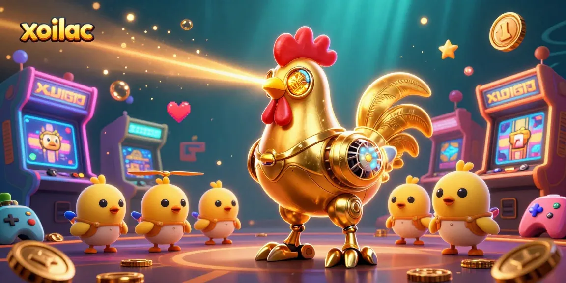 Xoilac features a vibrant 3D scene with a golden rooster robot and chick drones amidst colorful casino and gambling elements.