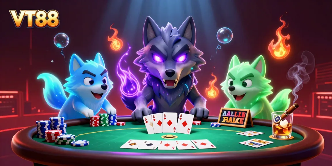 Engage with VT88 in dynamic poker action, featuring colorful chips and glowing wolves in the scene.