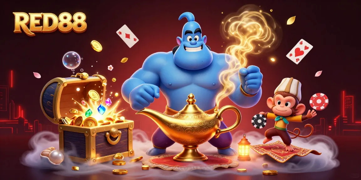 Engage with RED88's thrilling adventures featuring a powerful genie and treasures in a vibrant casino landscape.