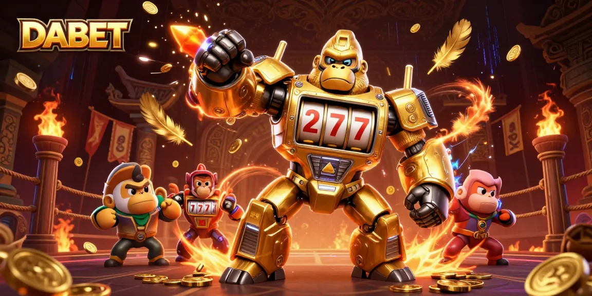 DABET transforms the gaming experience with an epic 3D illustration featuring a golden gorilla mech amidst explosive casino action.