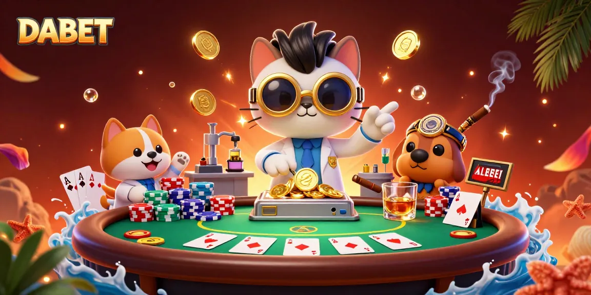 DABET invites players to enjoy vibrant poker action with a mad scientist cat and dog in a lively casino setting.