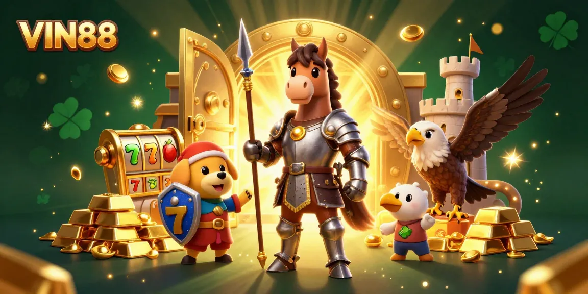 Experience VIN88's dynamic casino atmosphere with a medieval knight, playful puppy, and golden treasures