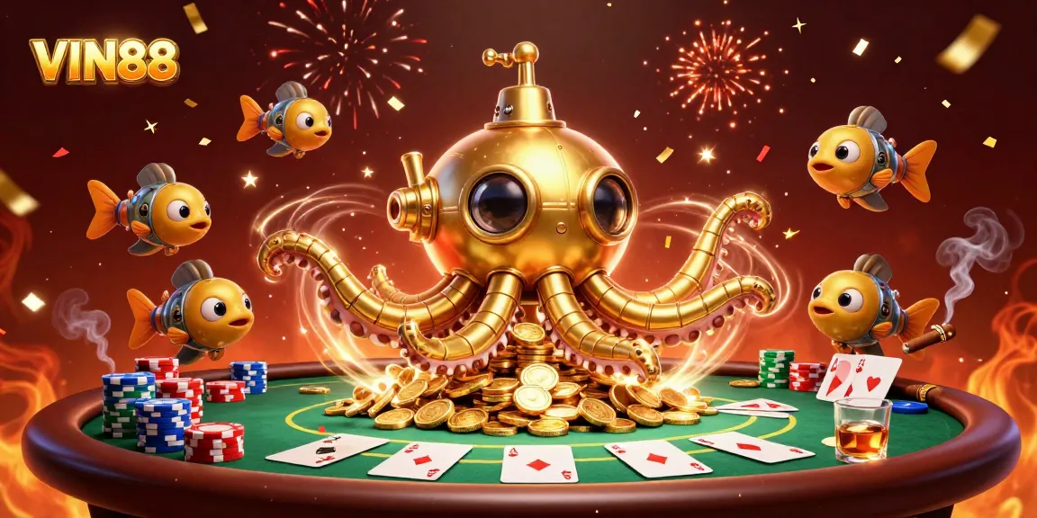 Experience the excitement at VIN88 with a 3D cartoon kraken submarine amidst poker and celebration elements.