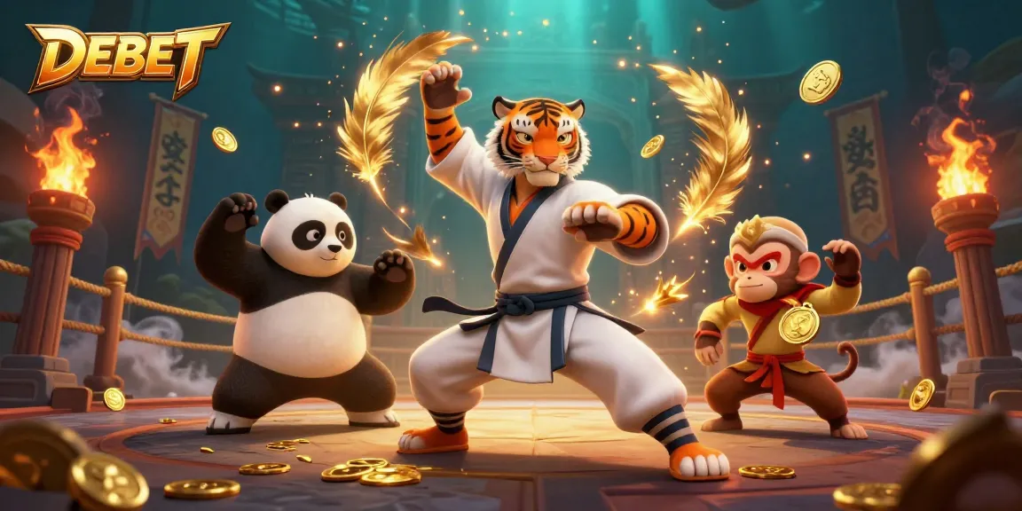 Engage in thrilling betting with DEBET, featuring a kung fu tiger master and vibrant casino elements.