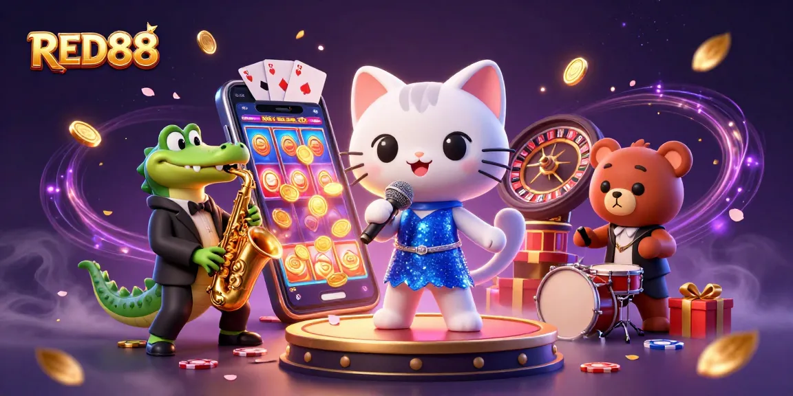 Experience the thrills of RED88 with a jazz-singer cat and casino elements in a vibrant 3D illustration.