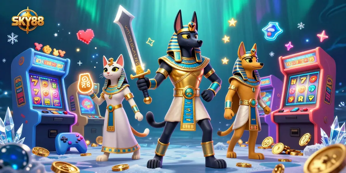 Experience thrilling gameplay with SKY88's vibrant casino elements, featuring Anubis and Bastet in action.