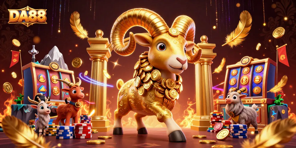 Engage in thrilling DA88 casino excitement with a golden ram charging through a luxury gaming arena.
