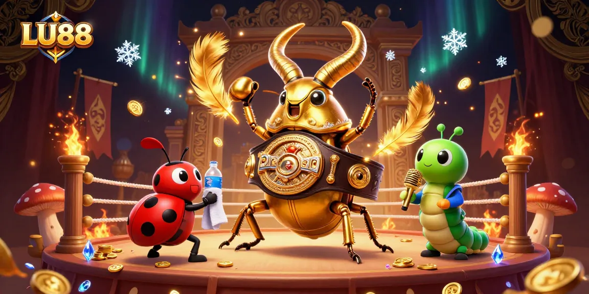 LU88 3D cartoon illustration showing a giant golden stag beetle and characters in a dynamic casino scene.
