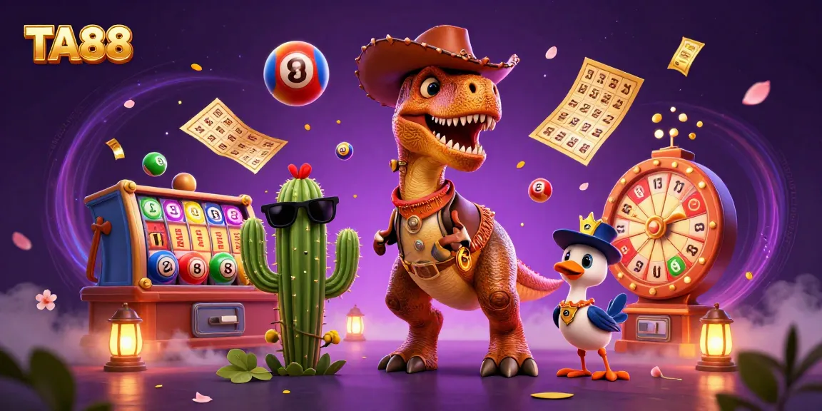 TA88 showcases an exciting casino scene with a dinosaur, cactus, and roadrunner amid vibrant gaming elements.