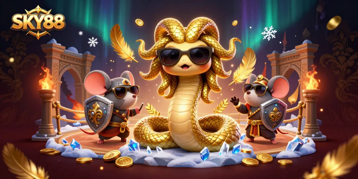 Experience thrilling gameplay at SKY88 with a dynamic casino scene featuring charming characters and gold coins.