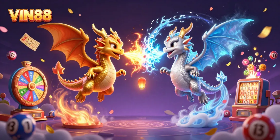Engage with slot games at VIN88 featuring powerful dragon illustrations and vibrant lottery elements.