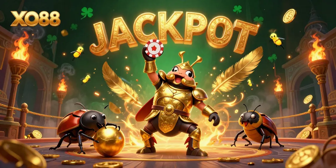 Experience XO88's thrilling jackpot moments with dynamic casino illustration featuring beetles and fireflies.