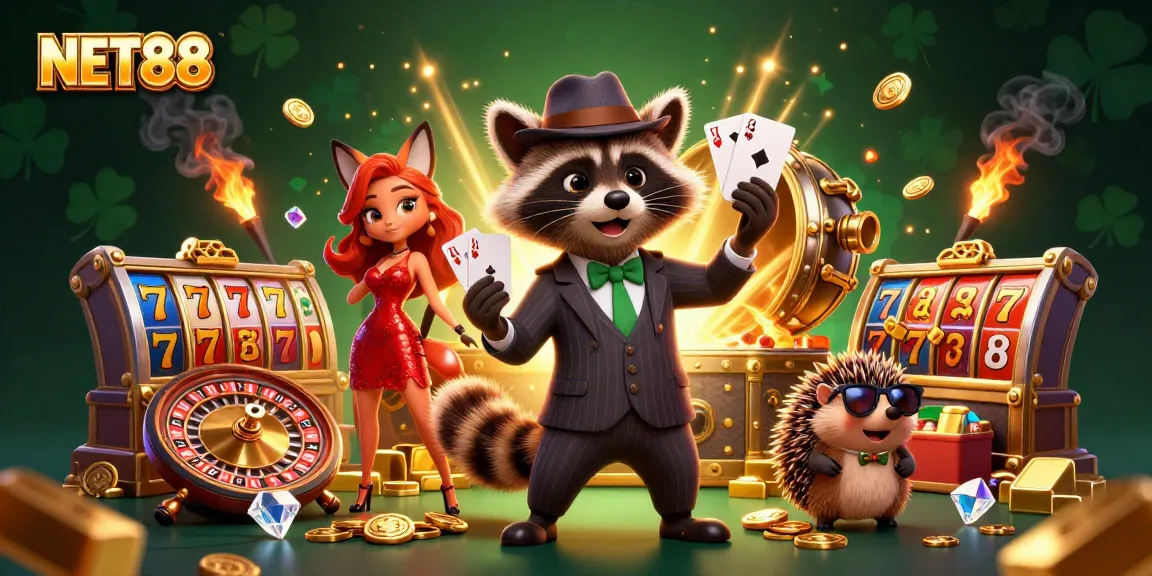 Play exciting games at NET88, featuring a raccoon, fox, and hedgehog in 3D casino atmosphere.