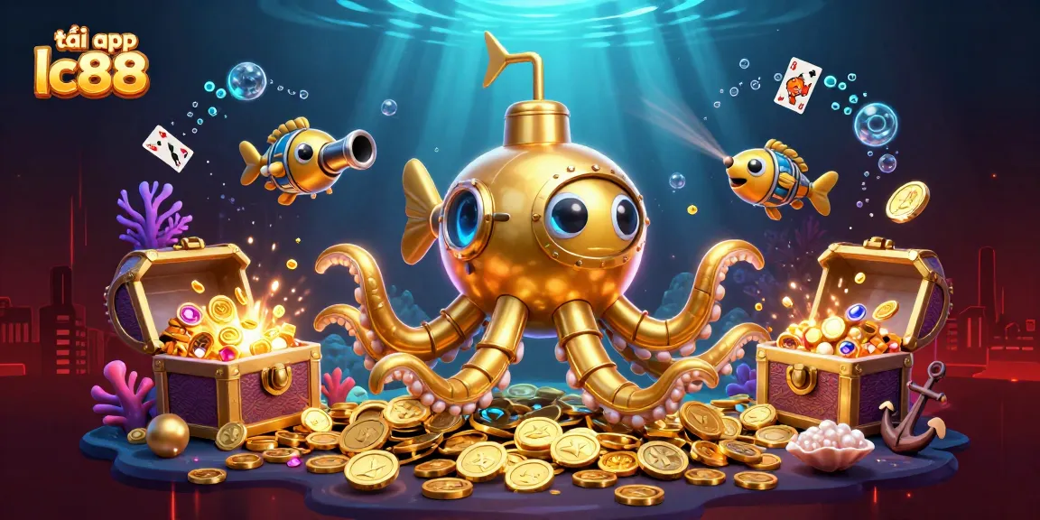 Experience thrilling gameplay at tải app lc88, featuring a golden kraken submarine among vibrant casino treasures.