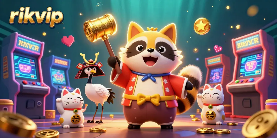 Experience excitement with rikvip featuring a cheerful tanuki and vibrant arcade games in a festive scene.